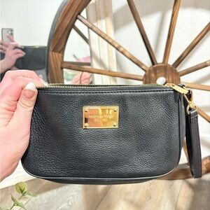 Michael Kors Black Pebbled Leather Wristlet with Gold Plate